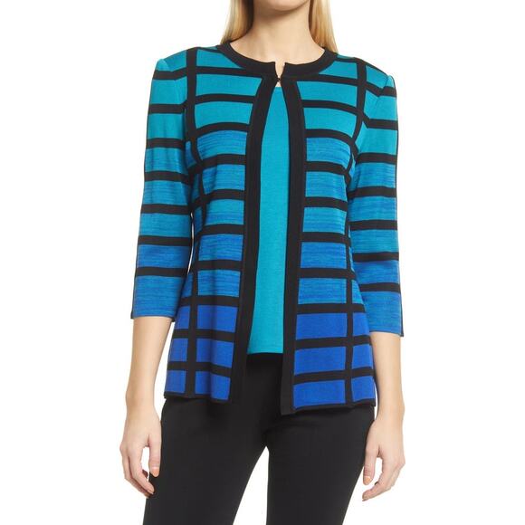 Ming Wang 2X Ombré Grid Knit Jacket Cardigan Sweater Striped Winkle Resistant - Picture 1 of 9